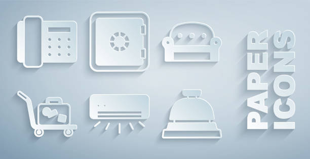 set klimaanlage, sofa, trolley-koffer, hotel-service-klingel, safe und telefon-mobilteil-symbol. vektor - service bell suitcase hotel luggage stock-grafiken, -clipart, -cartoons und -symbole