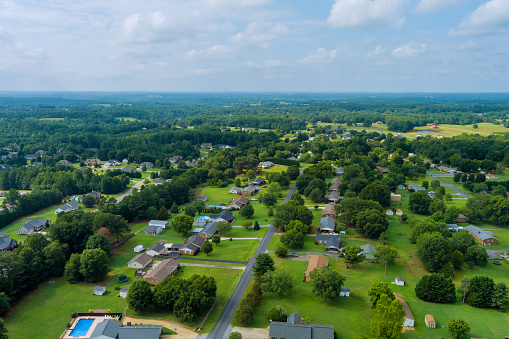 Panoramic small village landscape aerial view on streetsand house Boiling Springs town in South Carolina USA