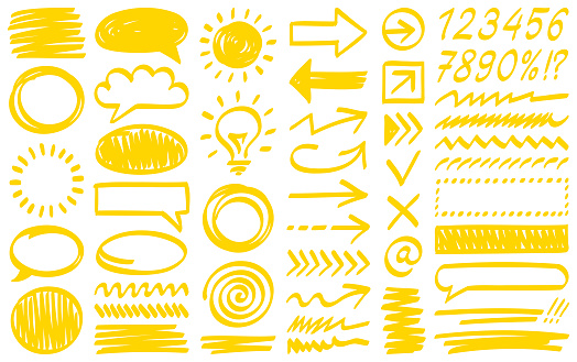 Hand drawn design elements. Vector frames, speech bubbles, backgrounds, arrows and different shapes.