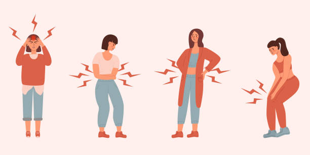 set of unhappy womens. suffering pain or ache in different body parts - knee, head, back, stomack. vector illustration in flat style. healthcare, sickness, disease concept, isolated on a white - 病徵 插圖 幅插畫檔、美工圖案、卡通及圖標