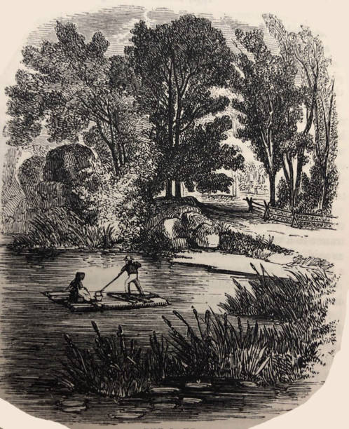 ilustrações de stock, clip art, desenhos animados e ícones de antique illustration - harper's magazine - boy and girl on a raft in a river - balsa tree