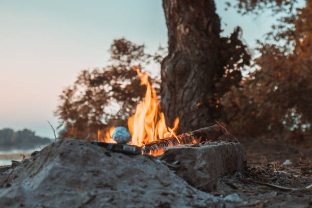 istock Bright glowing bonfire near a quiet river during evening sunset. 1333251521