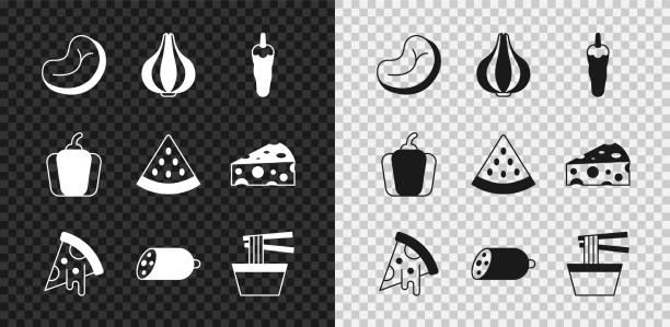 ilustrações de stock, clip art, desenhos animados e ícones de set steak meat, garlic, hot chili pepper, slice of pizza, salami sausage, asian noodles in bowl, bell and watermelon icon. vector - mexico chili pepper bell pepper pepper