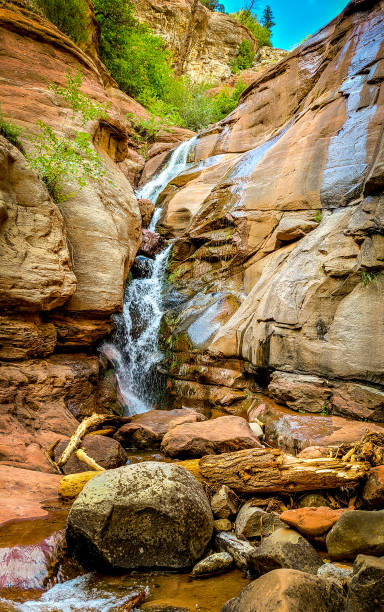 istock Mountain stream and waterfall coming down through rock and sandstone. 1333252640
