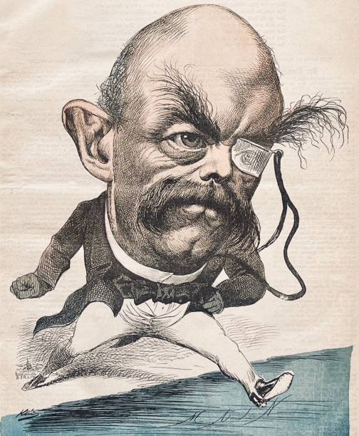 ilustraciones, imágenes clip art, dibujos animados e iconos de stock de caricatura de otto von bismarck: saltando de berlín al mundo con un gran paso - von