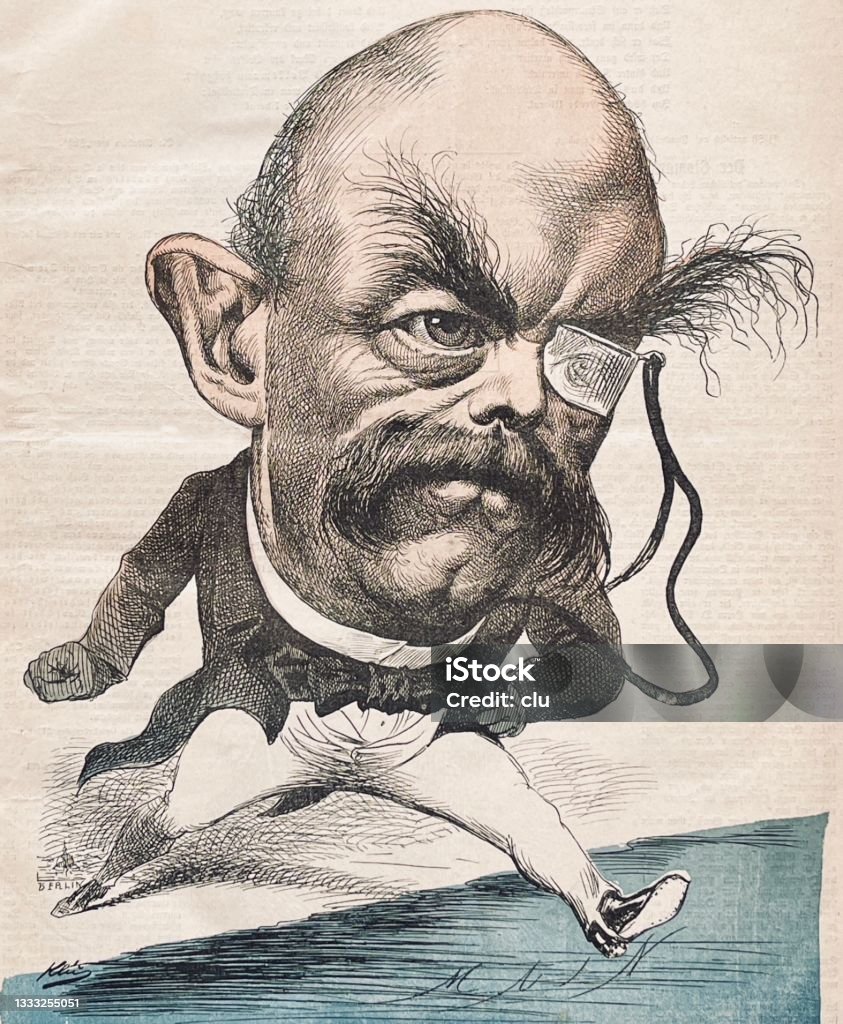 Otto von Bismarck caricature:  jumping from Berlin into the world with one big step Caricature from 19th century. Caricature stock illustration