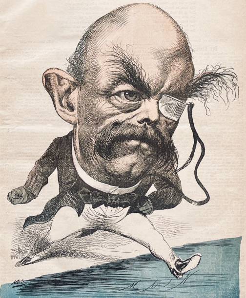 Otto von Bismarck caricature:  jumping from Berlin into the world with one big step Caricature from 19th century. caricature stock illustrations