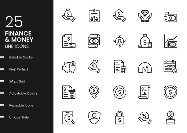 Finance And Money Line Icons Finance And Money Minimalistic Editable Stroke Vector Style Thin Line Icons revenue stock illustrations