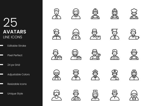 illustrazioni stock, clip art, cartoni animati e icone di tendenza di icone della linea avatar e occupazioni - amministratore delegato immagine