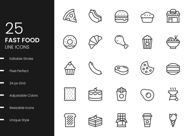ilustrações de stock, clip art, desenhos animados e ícones de fast food line icons - burger sandwich hamburger eating