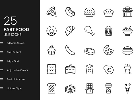 Fast FoodMinimalistic Editable Stroke Vector Style Thin Line Icons