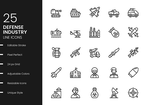 Defense Industry Minimalistic Editable Stroke Vector Style Thin Line Icons
