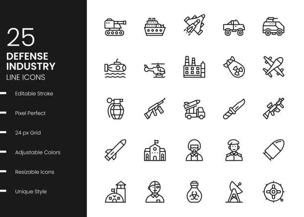 Defense Industry Line Icons Defense Industry Minimalistic Editable Stroke Vector Style Thin Line Icons military infographic elements stock illustrations