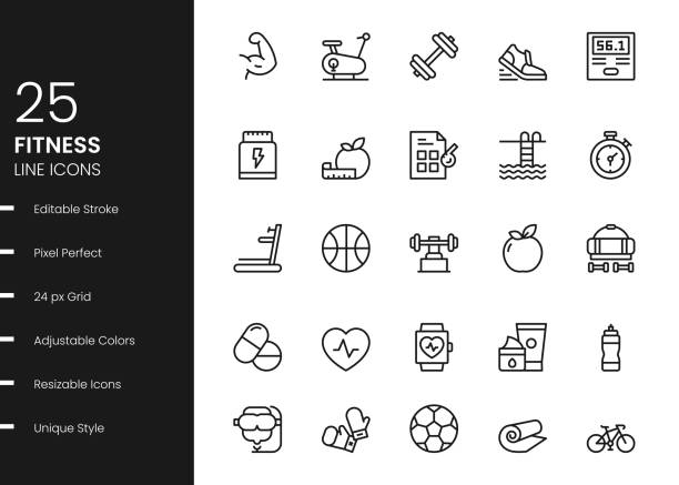 Fitness Line Icons Fitness Minimalistic Editable Stroke Vector Style Thin Line Icons exercise stock illustrations