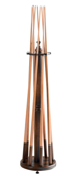 istock Circular wooden pool cue rack with six cues isolated 1333256023