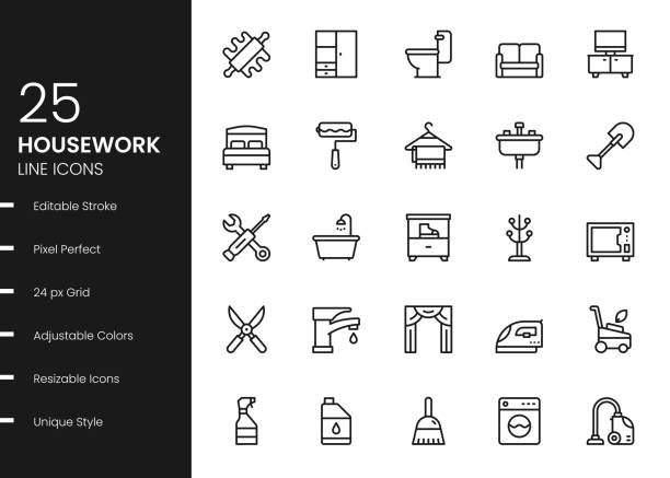 ilustraciones, imágenes clip art, dibujos animados e iconos de stock de iconos de la línea de artículos para el hogar - new symbol interface icons contemporary