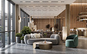 3D render of a hotel waiting lounge with sofa and armchair