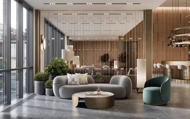 3D render of a hotel waiting lounge with sofa and armchair Digitally generated image of the luxurious hotel lobby. Interior of a hotel waiting lounge with sofa and armchair. lobby stock pictures, royalty-free photos & images