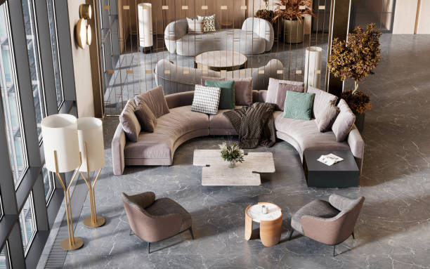 istock High angle view of luxury hotel lobby in 3d 1333257944