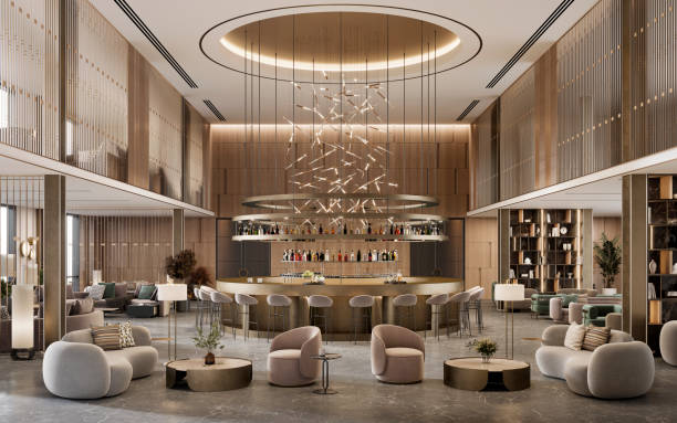 immagine resa digitalmente degli interni di un hotel a cinque stelle - struttura di ristorazione foto e immagini stock