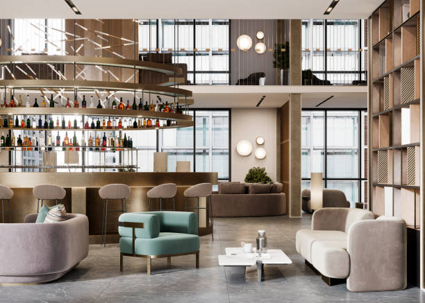 rendering 3d di un bel ristorante con decorazioni eleganti - cafe restaurant chair bar foto e immagini stock