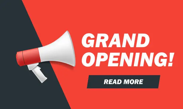 Vector illustration of Grand opening banner with megaphone. Vector illustration