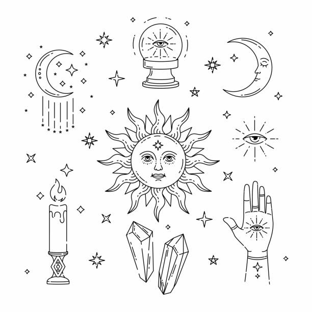 Celestial Magic outline illustration of icons and symbols of sun, moon, crystals, evil eye, witch hands. Celestial Magic outline illustration of icons and symbols of sun, moon, crystals, evil eye, witch hands. Set of Esoteric symbols, alchemy and witchcraft vector art. sun tattoos stock illustrations