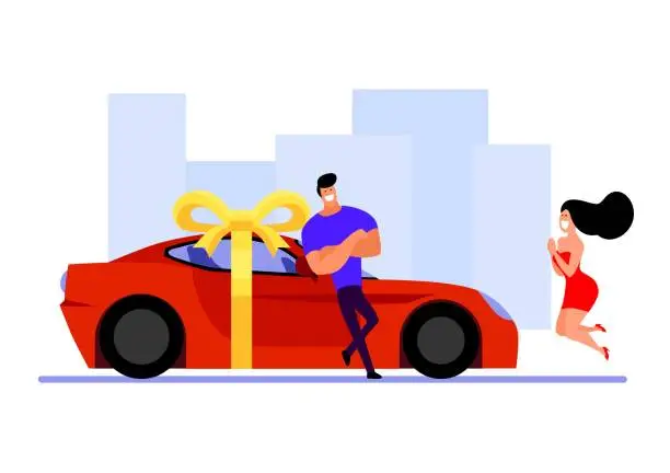 Vector illustration of car. man gave his girlfriend a sports car. vector icon in flat style