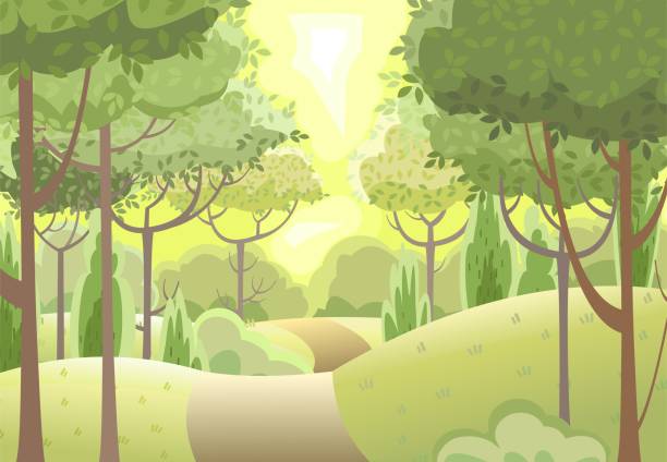 istock The road into the distance. Amusing beautiful forest landscape. Cartoon style. The path through the hills with grass. Trail. Cool romantic pretty. Flat design illustration. Vector art 1333261341
