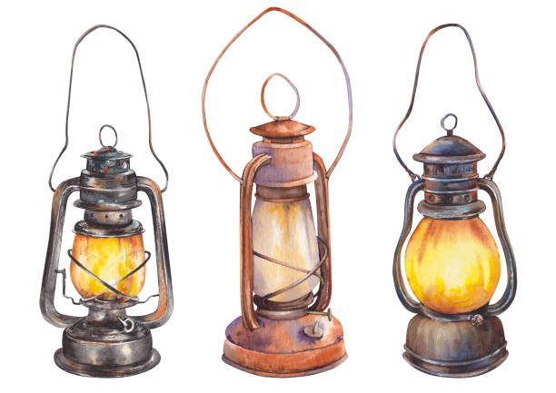 Vintage oil lanterns isolated on white background. Set of vintage oil lanterns. Watercolor illustration isolated on white background. watercolor lantern set stock illustrations