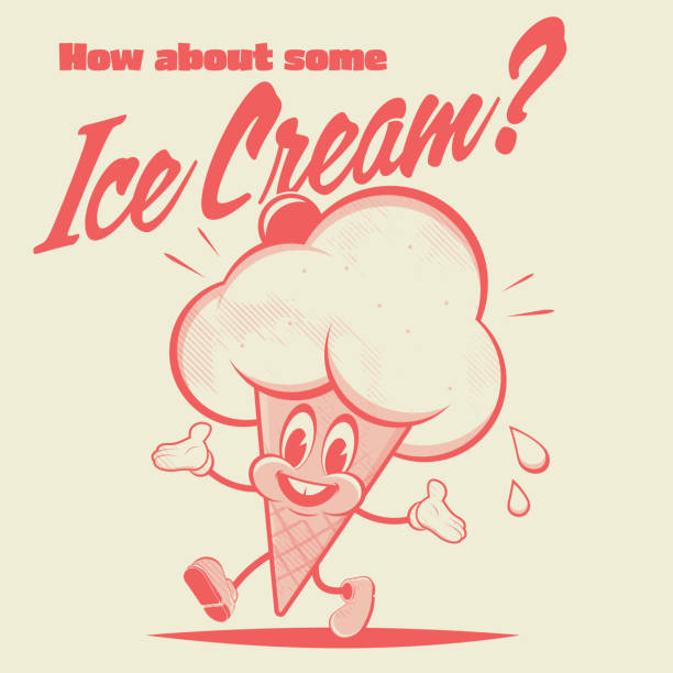 ilustrações, clipart, desenhos animados e ícones de ilustração retrô de desenho animado de um cone de sorvete feliz - ice cream sundae