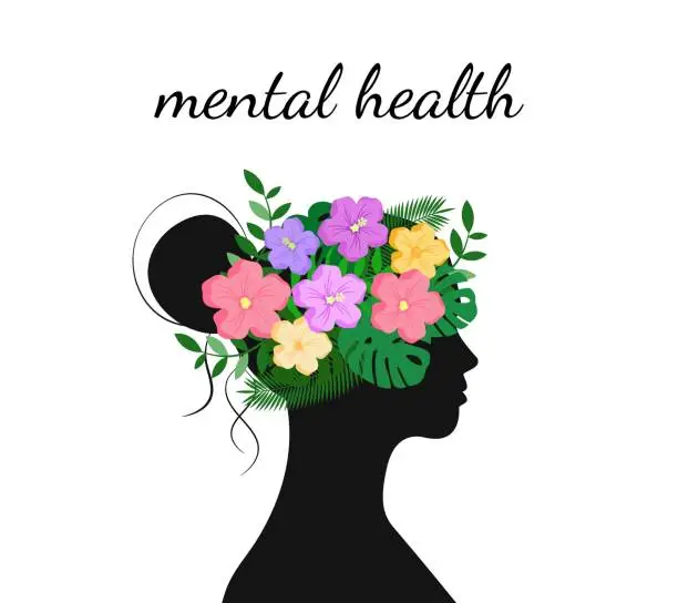 Vector illustration of Mental health concept. Flowers and leaves on head of woman. World mental health day. Vector illustration