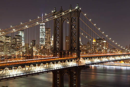 Manhattan Bridge at dusk in New York City.