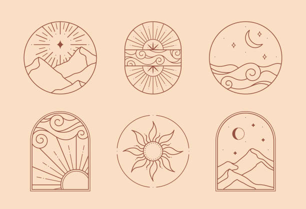 пучок векторных богемных логотипов; иконки; символы - city of sunrise mountain cloud sky stock illustrations