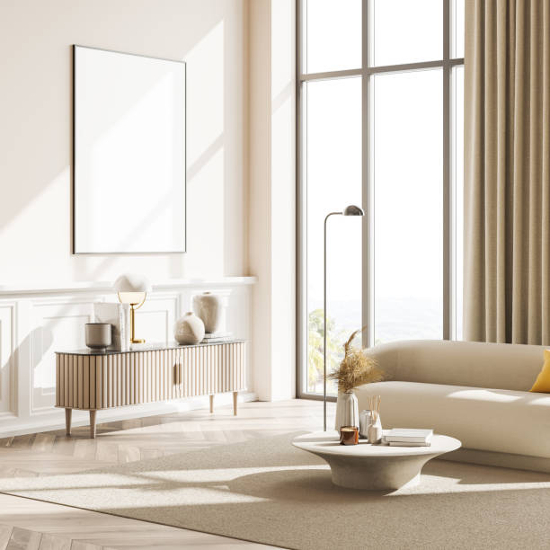 istock Poster in the modern panoramic designed living room interior, beige 1333267913