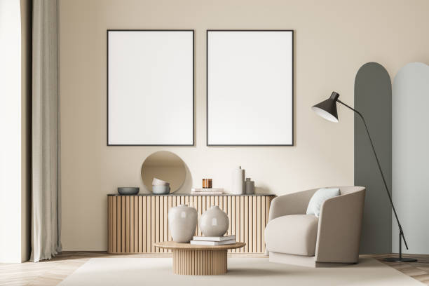 istock Two posters in the light beige waiting room with greenish details 1333267961
