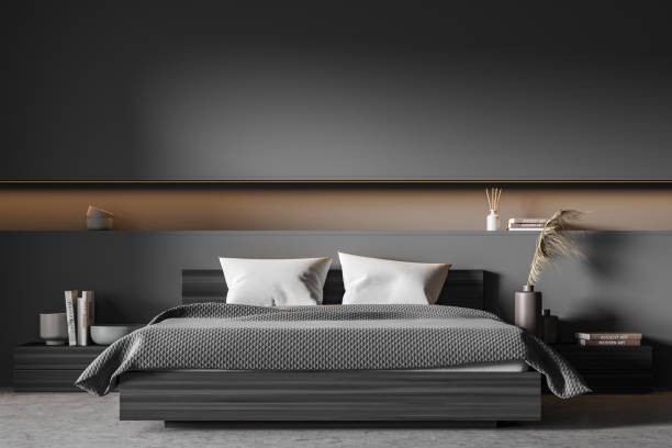 istock Dark grey bedroom with brown niche in the wall 1333268575