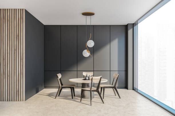 istock Dining room with wooden table, chairs and dark grey panoramic interior 1333268661
