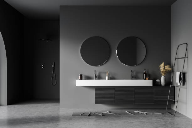 istock Dark grey shower room space with original vanity and round mirrors 1333268715