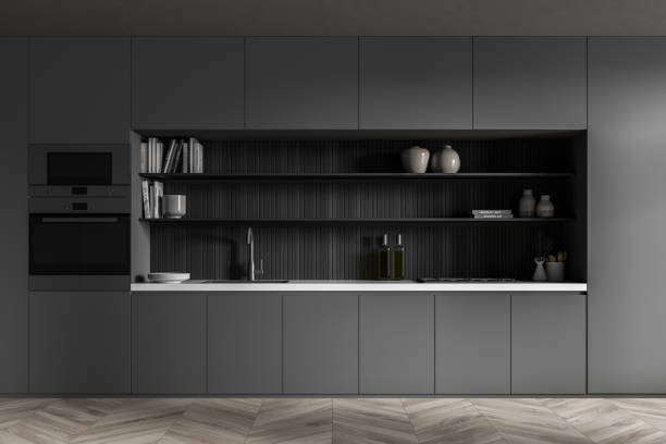 istock Dark grey kitchen cabinet with lining in the niche 1333268787
