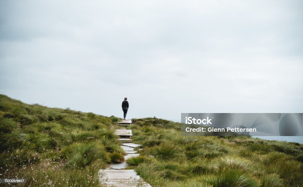 Person walking in path in nature. Person walking on path in green landscape. The Way Forward Stock Photo
