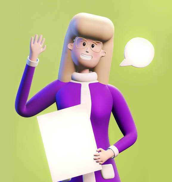 istock 3D rendering illustration. Business woman holds up white banner with space for text 1333273302