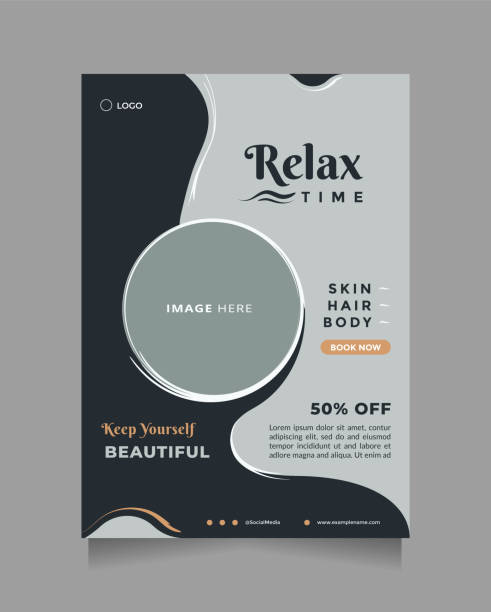 Creative and modern beauty care promotion design. Flat design vector flyer and brochure template with a photo collage. Template can be used for promotion of beauty products, fashion, something natural Creative and modern beauty care promotion design with a4 size. Flat design vector flyer and brochure template with a photo collage. Template can be used for promotion of beauty products, fashion, something natural hair posters for salon stock illustrations