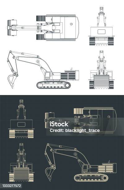 Backhoe Loader Engine Blueprint Powerful Excavator Blueprints Stock Illustration - Download Image Now ...