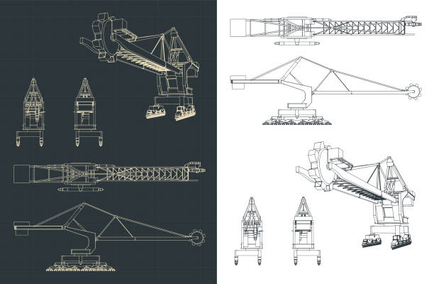 Stacker reclaimer blueprints Stylized vector illustration of blueprints of stacker reclaimer Reclaimer stock illustrations