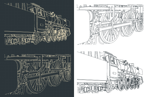 Stylized vector illustration of drawings of steam locomotive close-up