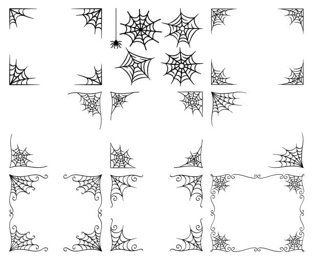 Illustration set of frames with spider webs on the corners Set of spider web icons and calligraphic line corner decoration frames spinning web stock illustrations