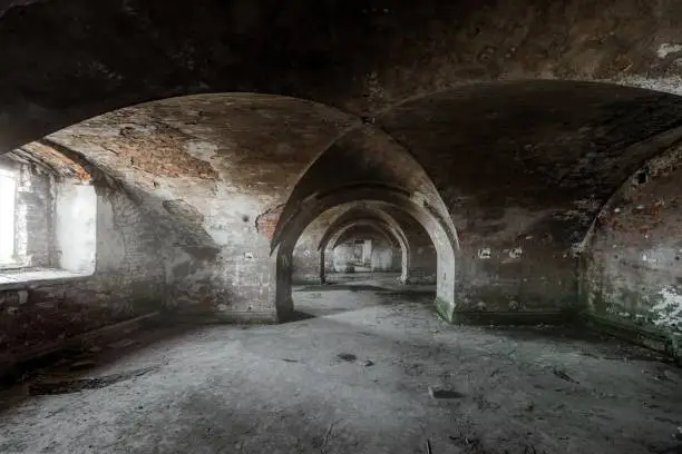 Abandoned artillery warehouses and barracks of the coastal (naval) historical fortress near Saint-Petersburg. Northern Fort No.1 of the Kronstadt forts system, 19th century. Now abandoned and being destroyed.