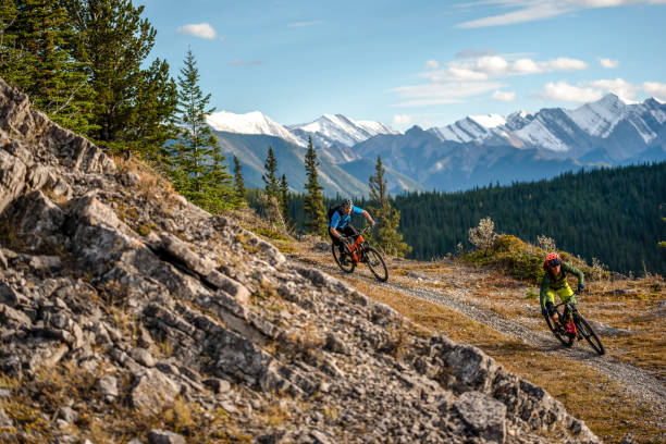 istock View of mountain bikers following trail down mountain 1333281307