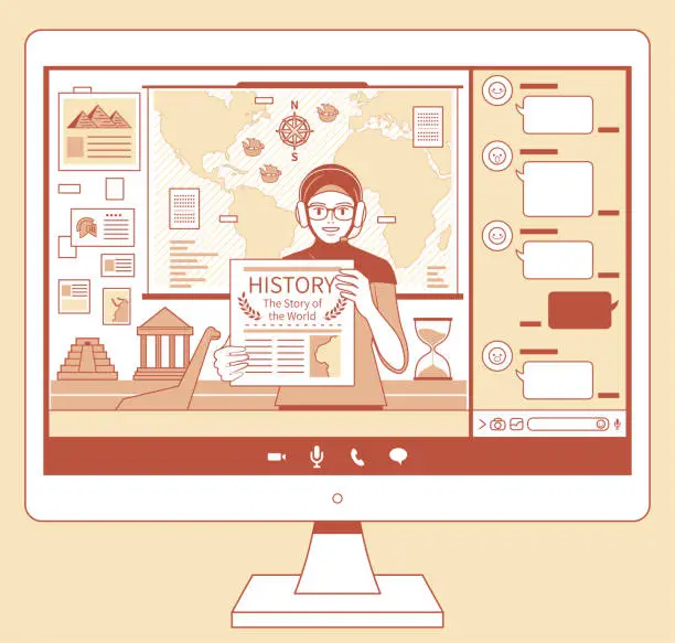 Vector illustration of One young Muslim female teacher with hijab and headphones teaching online courses on a computer monitor, e-learning concept